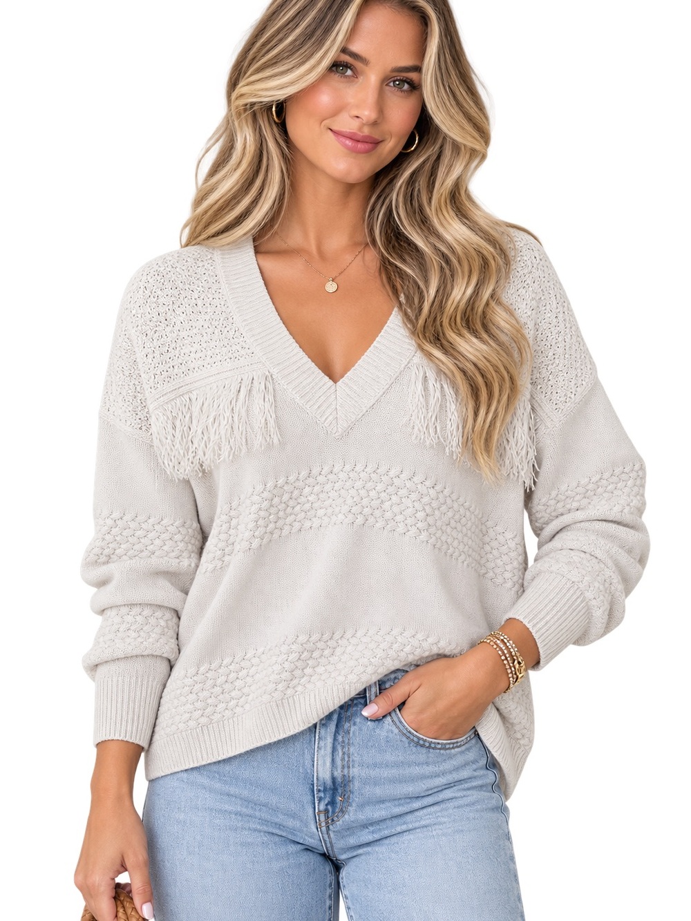 BB Dakota Cream V-Neck Fringe Knit Sweater size L